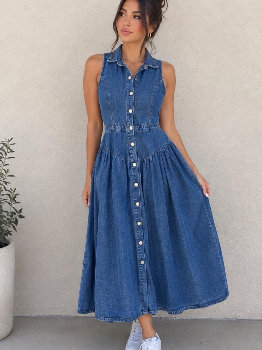 Sleeveless Blue Denim Maxi Dress with Button Front